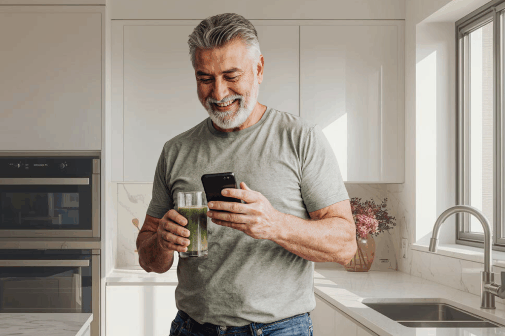 Man standing looking phone holding smoothie kitchen