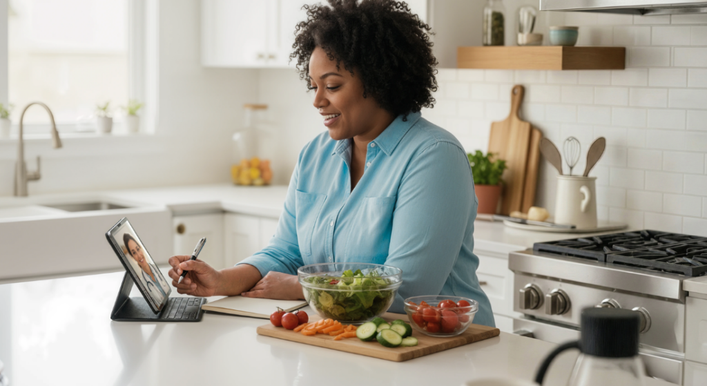 woman in the kitchen making a salad talking to a doctor on a tablet